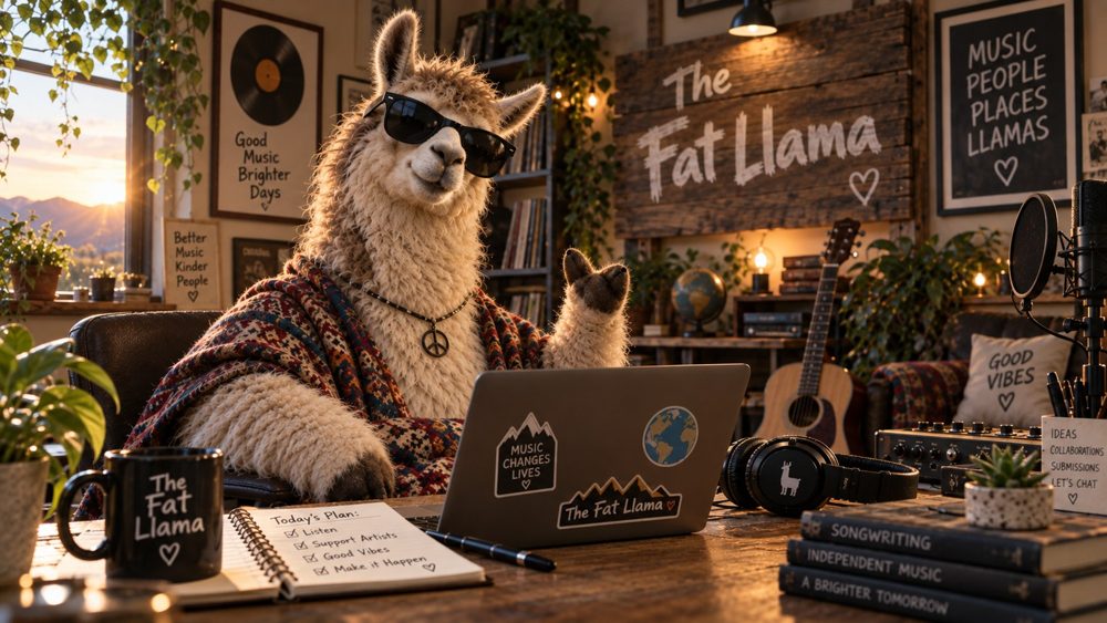 The Fat Llama wearing sunglasses in his music studio