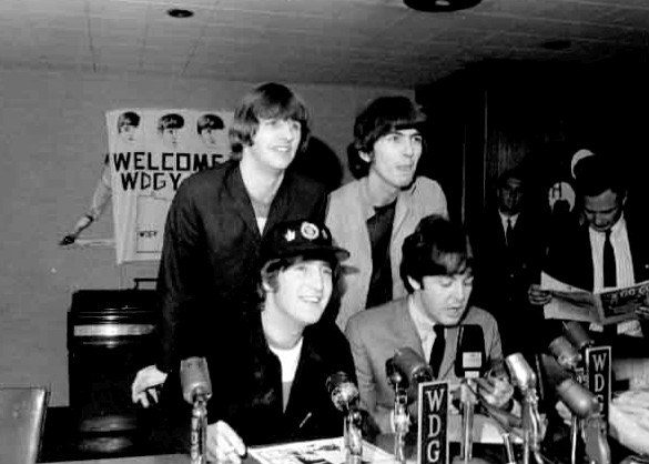 The Beatles at a press conference in Minnesota, 1965